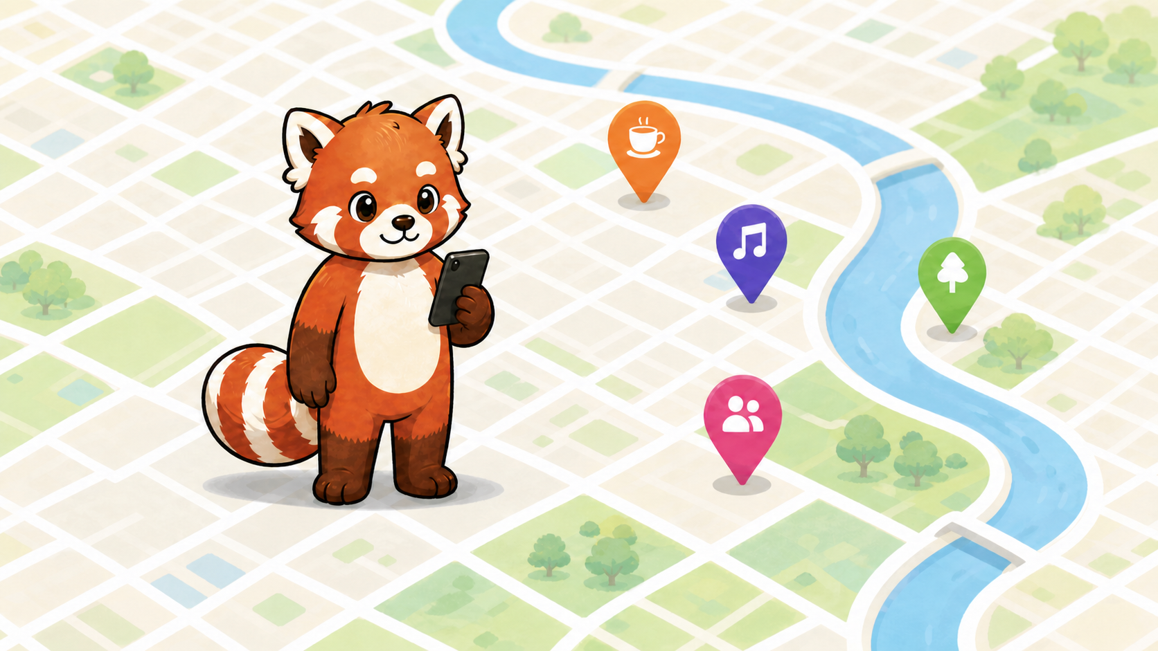 Sammy the red panda holding a phone on a map with local activity pins