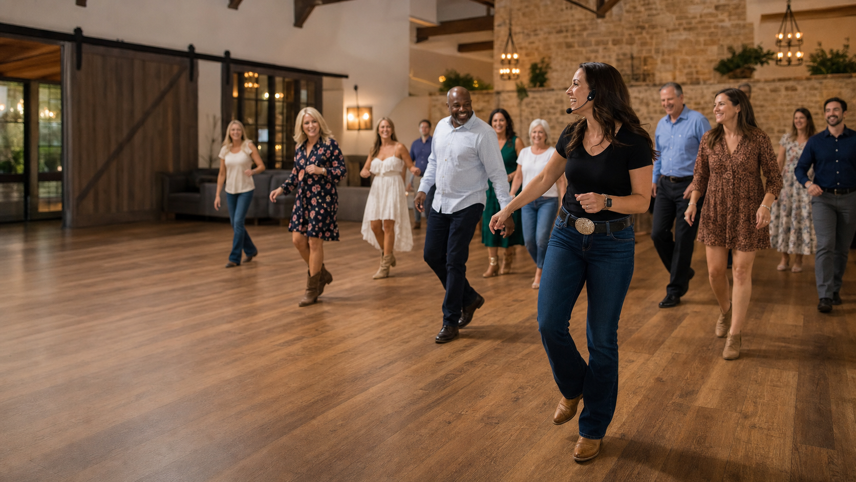 A line dance instructor leading a group at an event