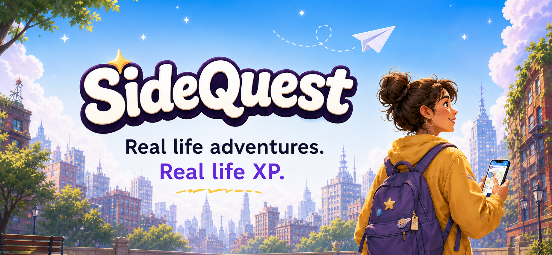 SideQuest logo, Real life adventures. Real life XP. tagline, and an adventurer holding the app