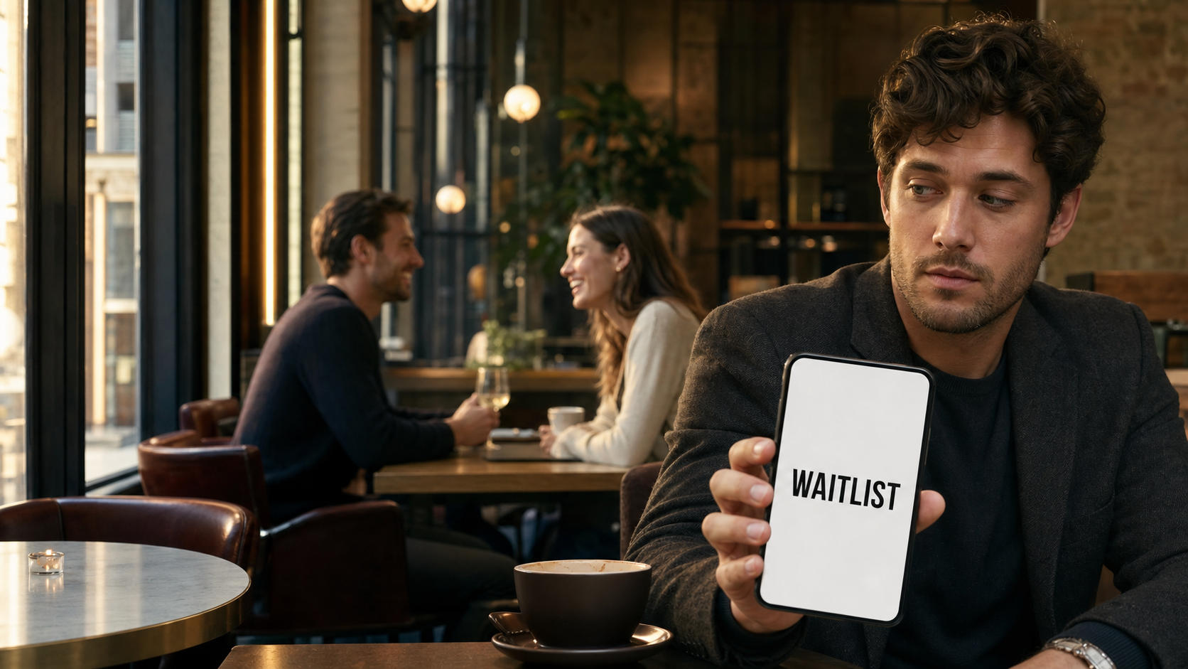 A man holding a phone displaying Waitlist while a couple talks behind him in a café
